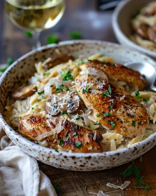 Cremiges Hähnchen‑Pilz‑Orzo