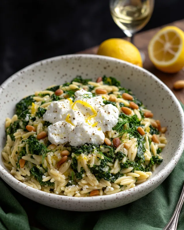 Zitronen-Kräuter-Orzo mit Blattgemüse
