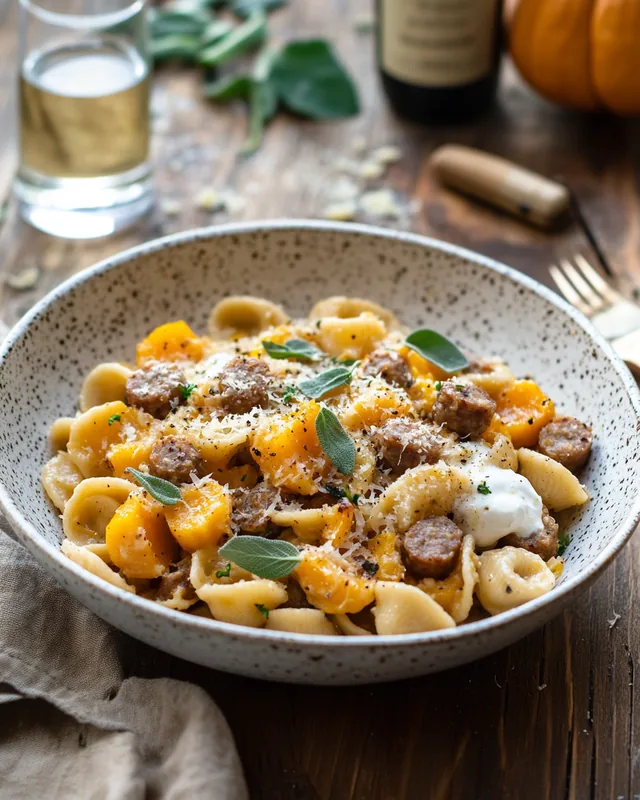 Kürbis- und Wurst-Pasta