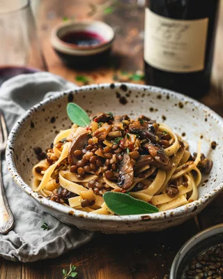 Pasta mit Pilz-Linsen-Ragù und Salbei