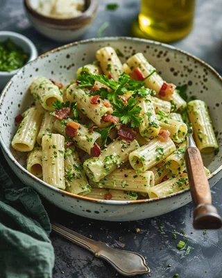 Pasta mit grünen Sojabohnen und Speck