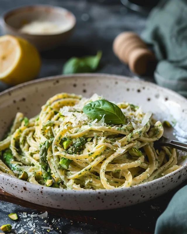 Pistazien-Basilikum-Pasta mit Spargel