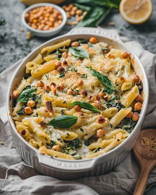 Zitronen-Basilikum-Kichererbsen-Pasta-Auflauf