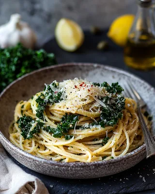 Parmesan‑Grünkohl‑Spaghetti