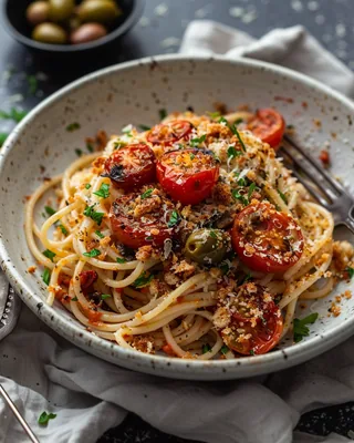 Pasta mit gerösteten Tomaten und Oliven