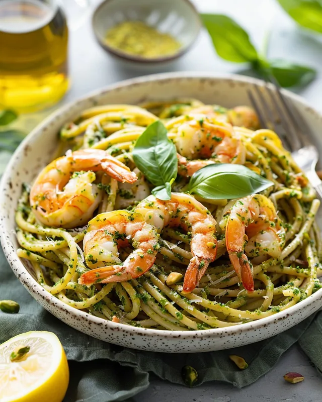 Pasta mit Pistazienpesto und Garnelen