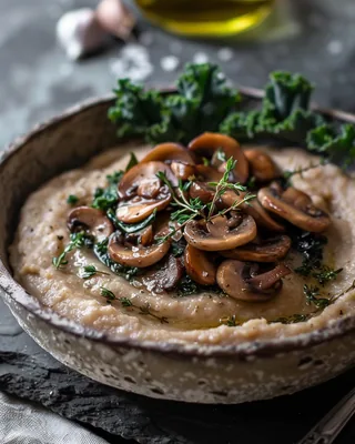 Bohnenpüree mit Pilzen und Grünkohl