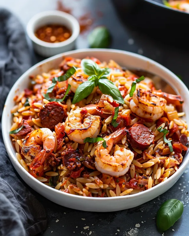 Orzo mit Chorizo und Garnelen