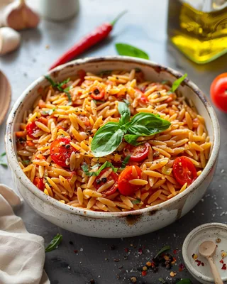 Orzo mit Knoblauch, Basilikum und Tomaten