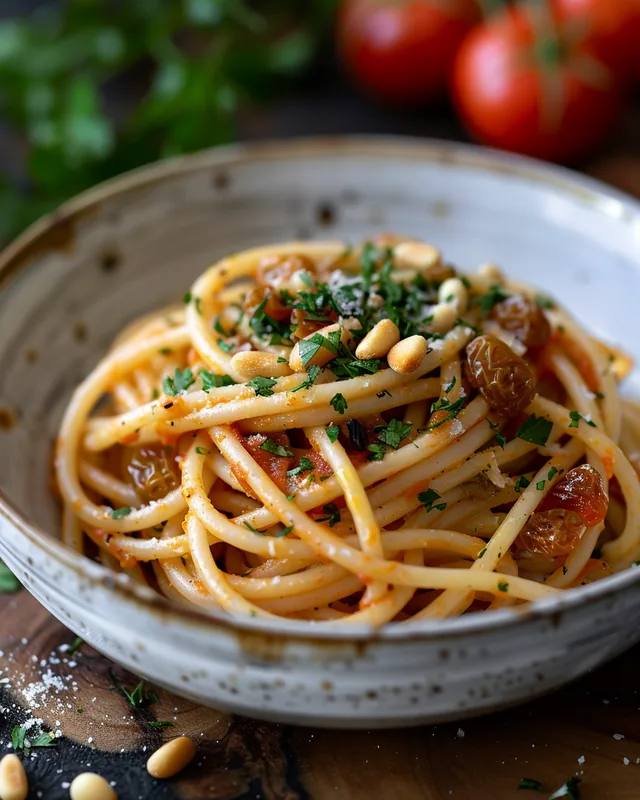 Spaghetti mit Pinienkernen & Rosinen