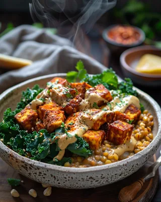 Tempeh-Linsen-Bowl mit cremiger Käse-Sauce