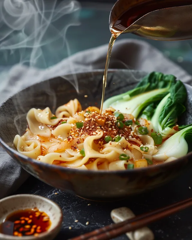 Handgezogene Nudeln mit Pak Choi