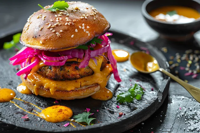 Curry-Burger mit eingelegtem Kohl