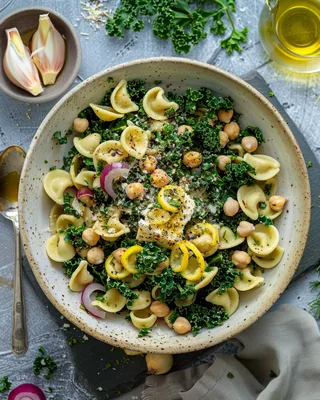 Pasta mit Grünkohl, Kichererbsen und Feta
