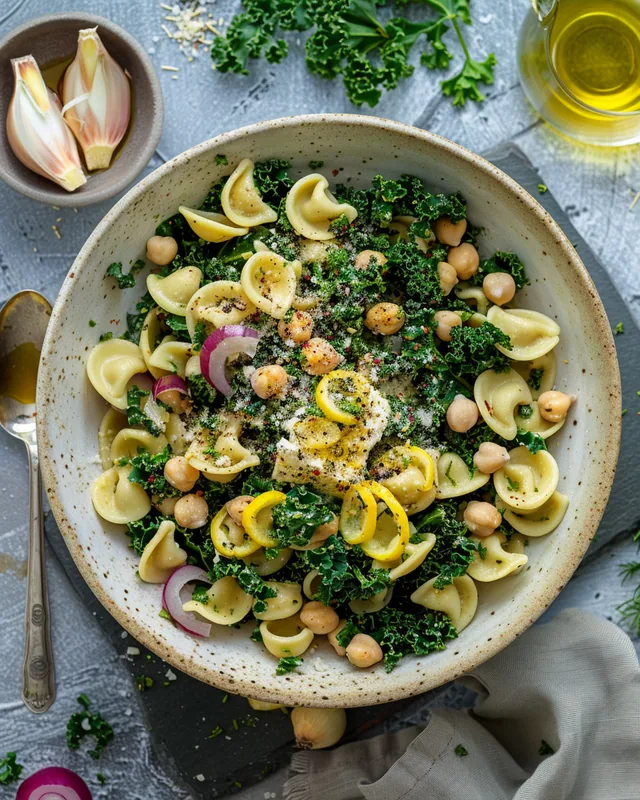 Pasta mit Grünkohl, Kichererbsen und Feta