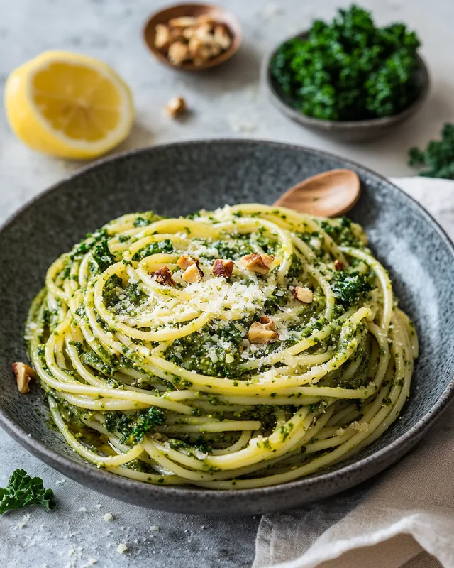 Pesto-Pasta mit Grünkohl & Walnuss
