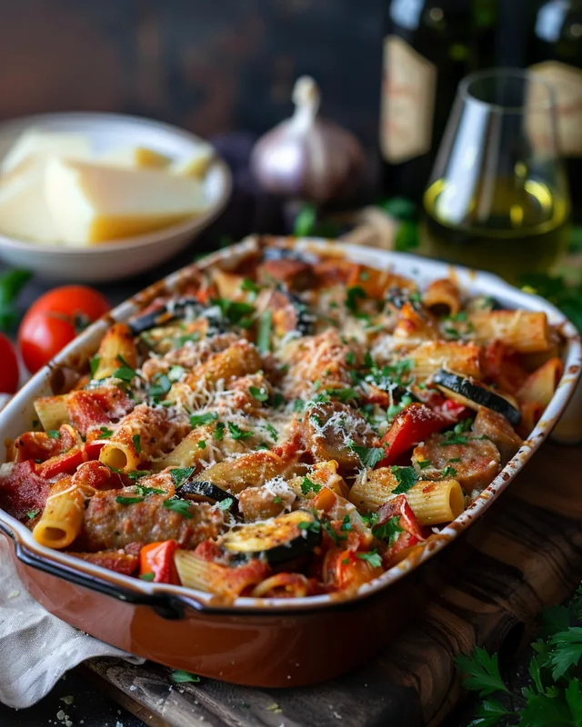 Wurst-Ratatouille-Pasta-Auflauf