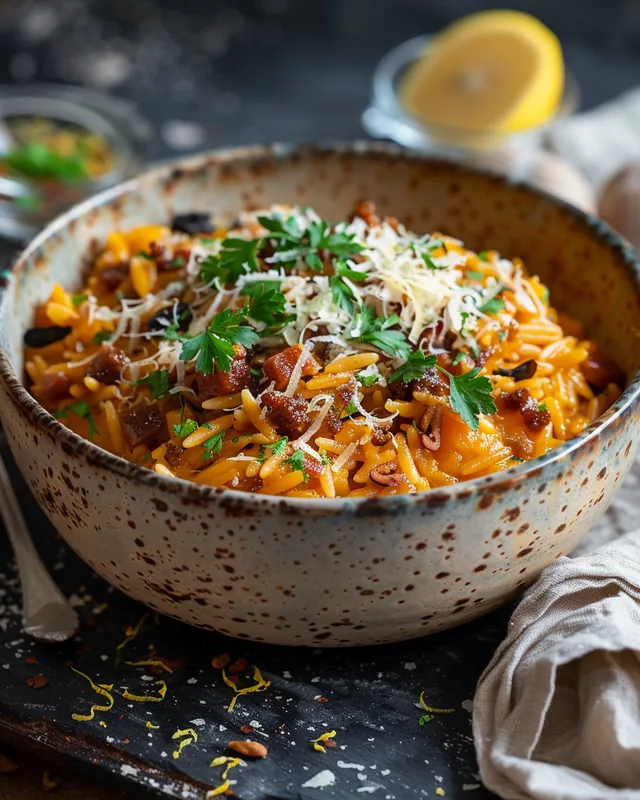Kürbis-Orzo mit Haselnüssen und Chorizo