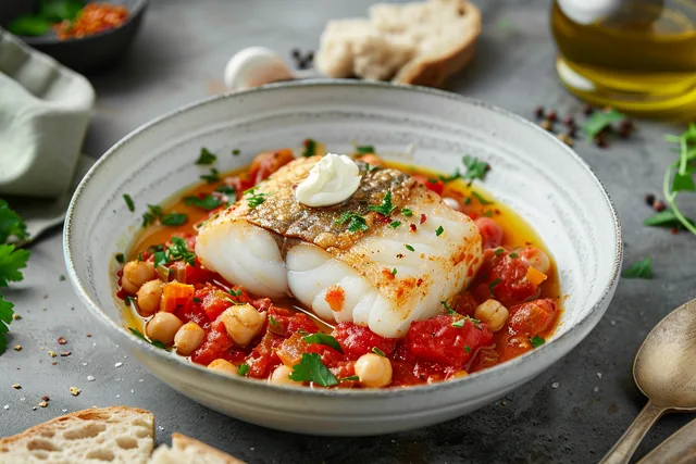 Kabeljau mit Kichererbsen-Tomaten-Ragout