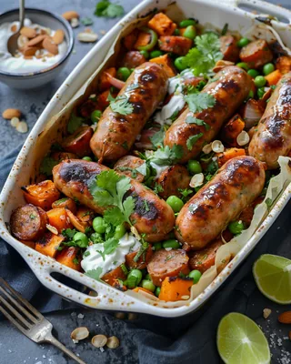 Würstchen- und Süßkartoffel-Traybake