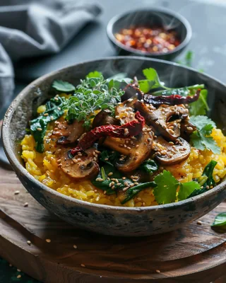 Pilz- und Tomaten-Reis-Bowl