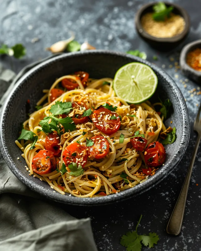 Curry-Limetten-Pasta mit Tomaten