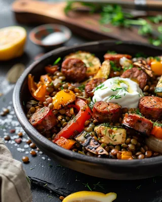 Würstchen-Ratatouille mit Linsen