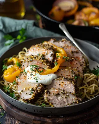 Pasta mit kräuterkrustiertem Schweinefleisch