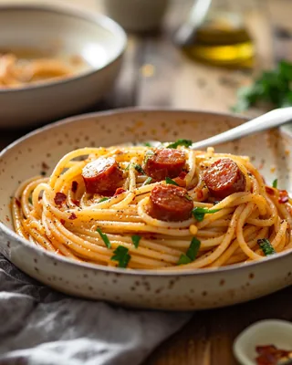 Karamellisierte Pasta mit Chorizo und Knoblauch