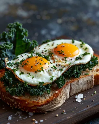 Spiegeleier mit knoblauchigem Grünkohl auf Roggenbrot