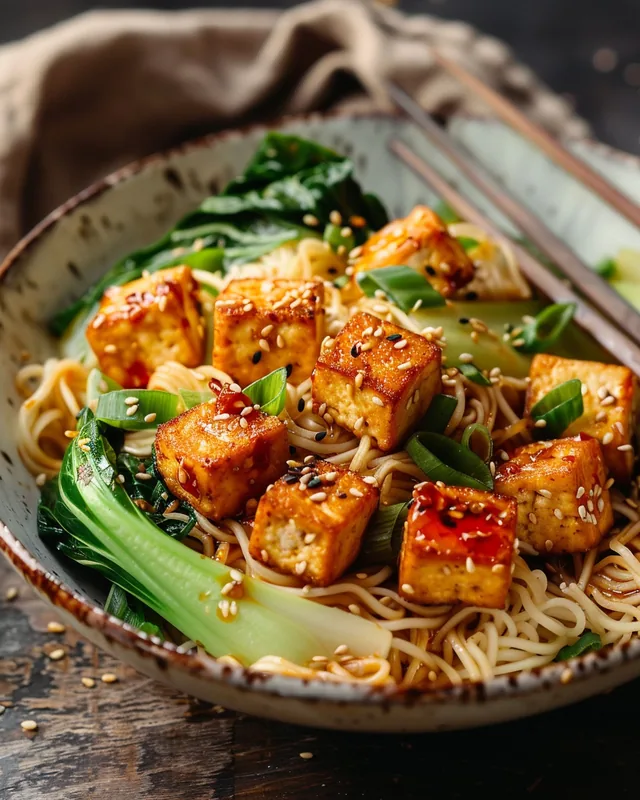 Knuspriger Tofu mit gebratenen Nudeln